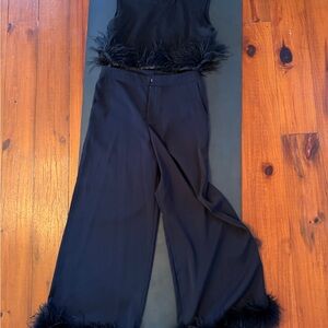 Elegant Black Feather Trim Wide Leg Jumpsuit